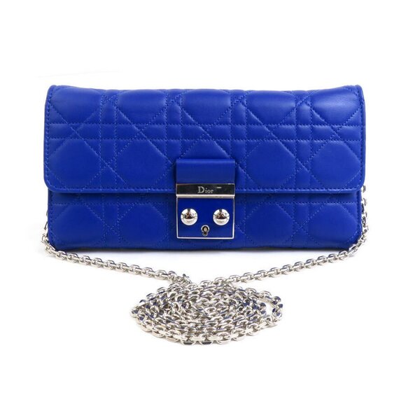Auth Christian Dior Canage Wallet Chain Blue Leather/Silvertone - e60064g - Picture 1 of 7